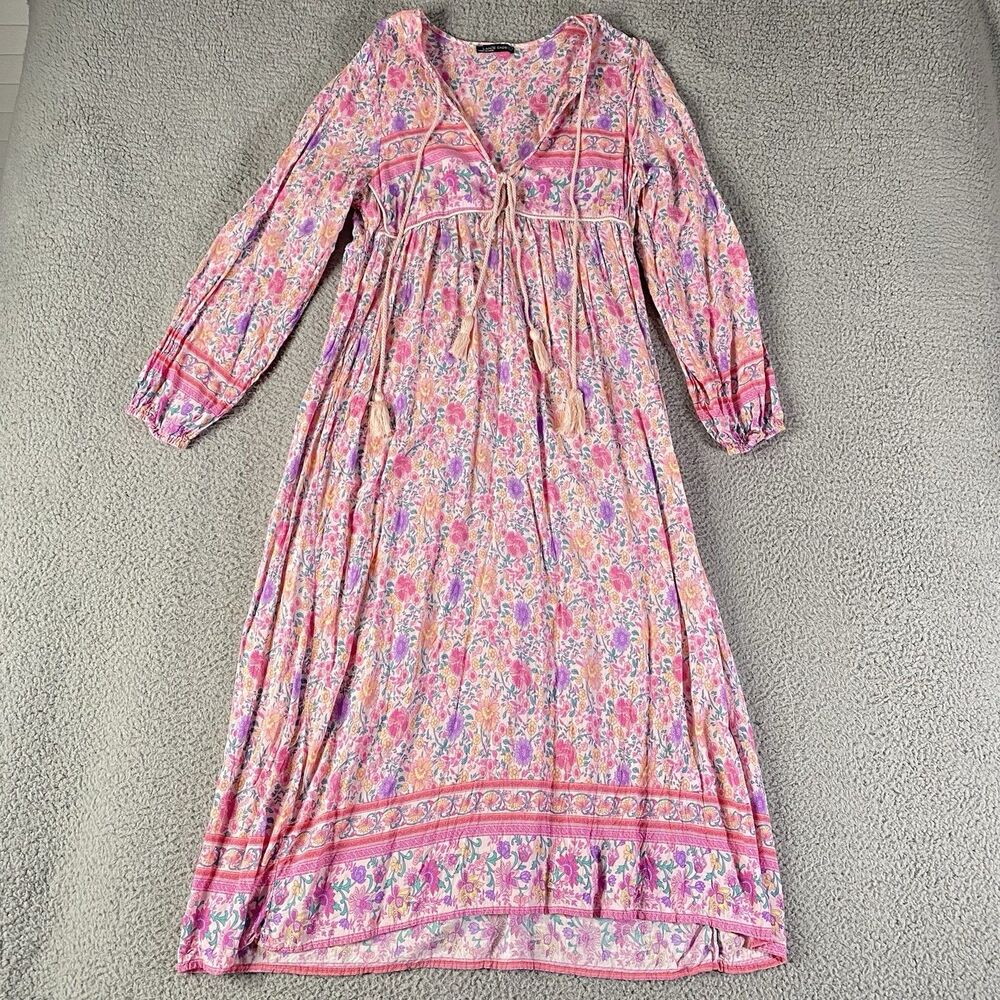 Lance Cade Maxi Dress Womens Large Pink Floral Long Tassel Boho Prairie Cottage